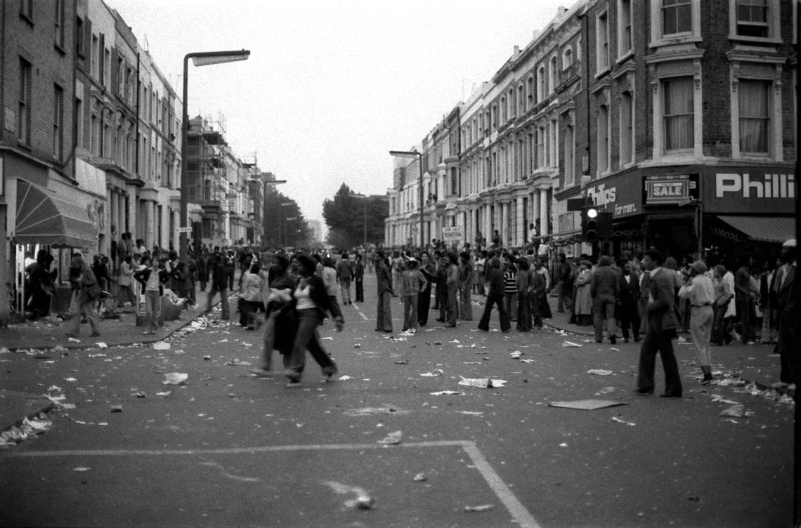 NOTTING HILL 1976: The scene in London's Notting Hill after West London's calypso carnival became a carnival of terror. Police fought running battles with young people as rioters went on an orgy of violence and destruction, smashing shop windows and attacking fleeing whites.